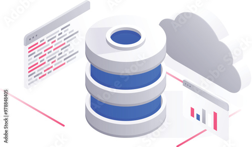 3D Illustration of Database with Infographic Website and Cloud on White Background.
