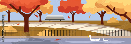 Autumn yard. Autumn park. Swan in the lake. Lake around the park in autumn season. Autumn wind. Bushes in the yard. Public park in autumnal season. Chair in the courtyard. Park fence. 