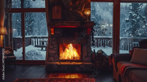 Close-up view of a rustic fireplace in a cozy cabin room, radiating warmth and comfort
 Seamless looping 4k time-lapse virtual video animation Generated AI