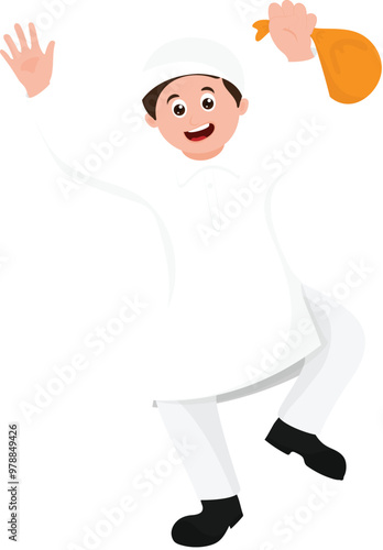 Happy Cartoon Muslim Boy Holding Money Bag in Dancing and Jumping Pose Vector Illustration.