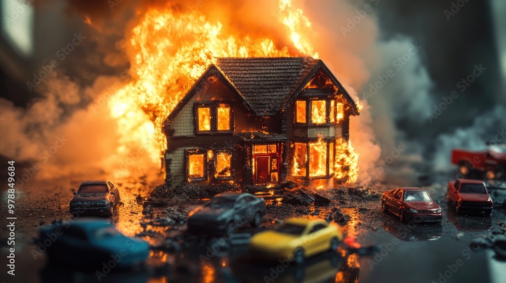 A toy-sized home engulfed in flames, surrounded by toy cars, emphasizing the volatility of real estate challenges in a dramatic setting. A toy-sized home engulfed in flames, surrounded by toy cars, emphasizing the volatility of real estate challenges in a dramatic setting.