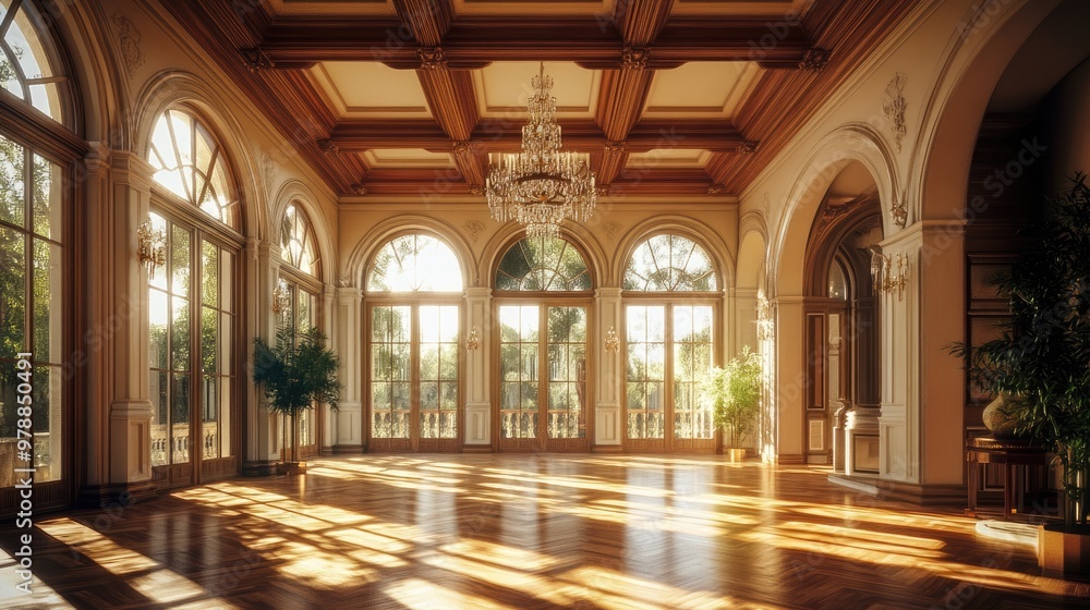 Fototapeta premium A grand foyer with luxurious wooden floors bathed in sunlight, featuring arched windows, chandeliers, and detailed beams