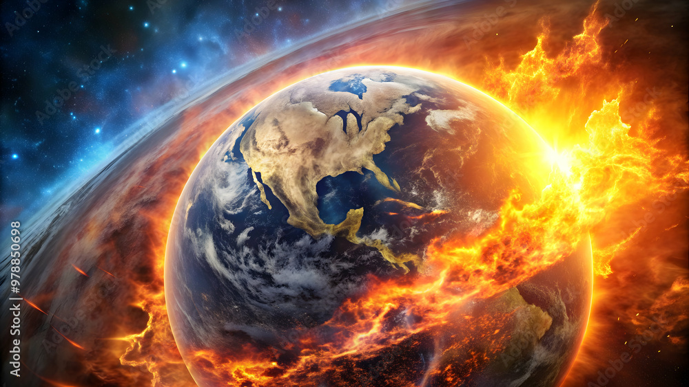 Obraz premium Dramatic image of a fiery apocalypse engulfing planet Earth , Judgment day, destruction, catastrophe