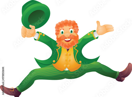 Cartoon Character of Happy Leprechaun man holding hat in jumping pose vector illustration.