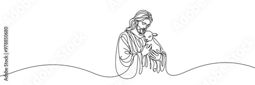 Single line vector image on white background. Portrait of Jesus with a lamb in his arms