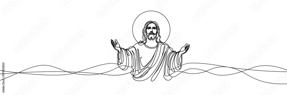 Fototapeta premium Single line vector image on white background. Portrait of Jesus with outstretched hands