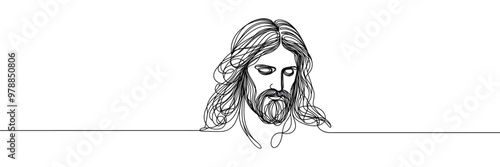 Single line vector image on white background. Portrait of Jesus with lowered head