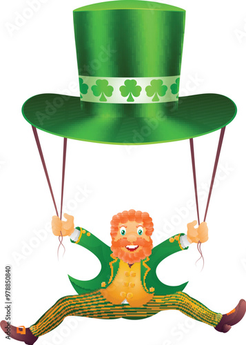 Flying Leprechaun man holding hat vector illustration.
