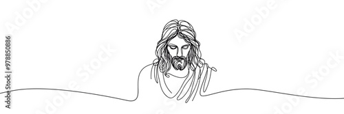 Single line vector image on white background. Portrait of Jesus with lowered head
