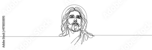 Single line vector image on white background. Portrait of Jesus with raised head