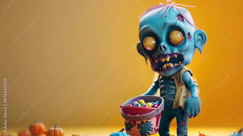 A whimsical cartoon zombie with light blue skin, yellow eyes, and sharp teeth stands against a warm golden background. A whimsical cartoon zombie with light blue skin, yellow eyes, and sharp teeth stands against a warm golden background.