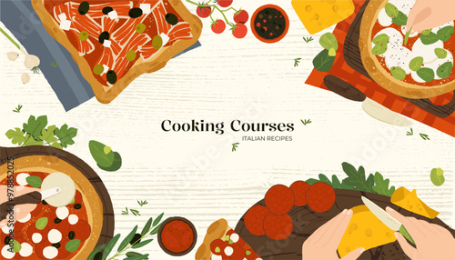 Top view of cooking. Cartoon characters cooking together, chefs preparing food on table, flat people making delicious meal. Vector illustration.eps