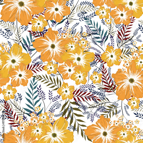 Beautiful yellow flower with colorful leaves decorated seamless pattern background.