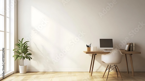 Minimalist Home Office Workspace with White Wall and Wooden Desk
