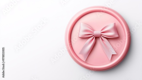 A delicate pink bow atop a circular frame, perfect for gift wrapping or decoration, adding a touch of elegance to any occasion.