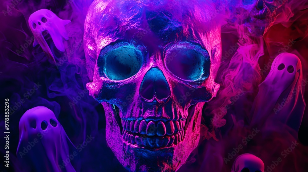 Abstract glowing skull in neon colors, surrounded by Halloween ghosts and shadows, spooky neon abstraction, concept Abstract glowing skull in neon colors, surrounded by Halloween ghosts and shadows, spooky neon abstraction, concept
