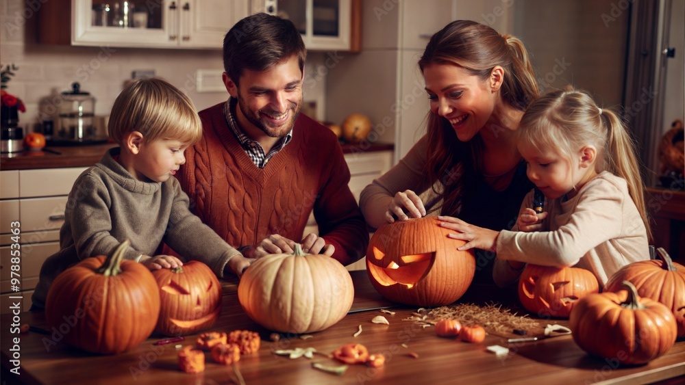 Fototapeta premium A family gathering around a table carving Halloween pumpkins with various designs