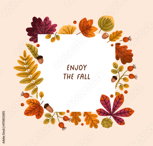 Fall background, framed square card with autumn foliage, leaves. Decorative p...