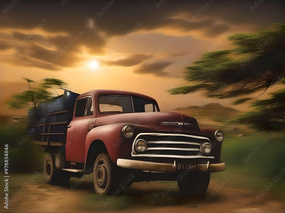 A classic car parked in the rain amidst a vibrant field of flowers, surrounded by lush greenery. generated ai A classic car parked in the rain amidst a vibrant field of flowers, surrounded by lush greenery. generated ai