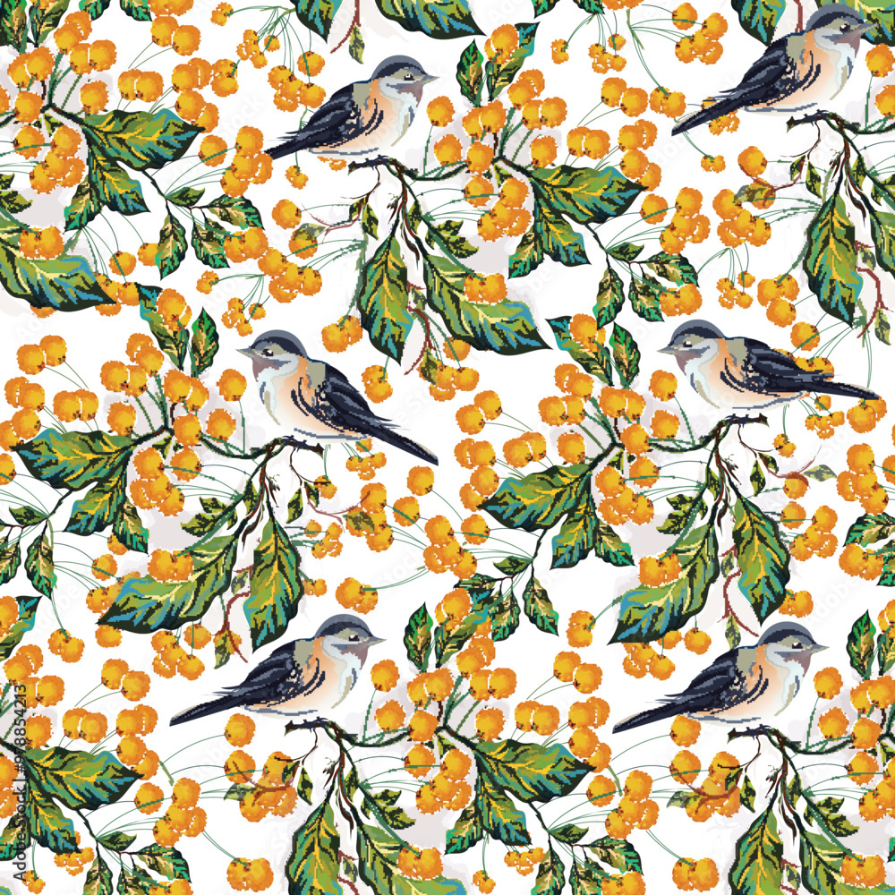 Fototapeta premium Creative seamless pattern background decorated with yellow berries and birds.