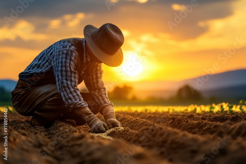 Farmer Tending to the Fields at Sunset