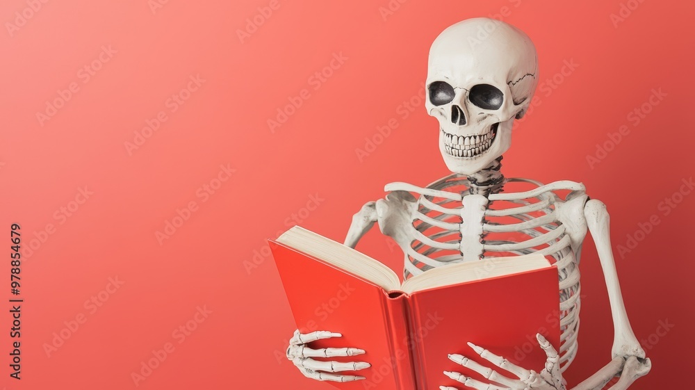 A playful skeleton character reading a red book against a bright background A playful skeleton character reading a red book against a bright background