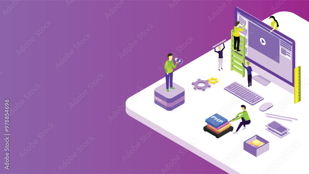 Miniature web developers maintain the website on computer with different programming language sign for Web Development or advertising concept based isometric design. Miniature web developers maintain the website on computer with different programming language sign for Web Development or advertising concept based isometric design.