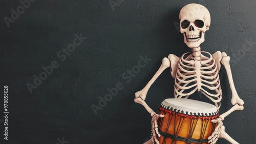 A playful skeleton sitting and playing a drum against a chalkboard background