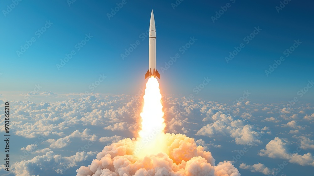 A rocket soaring through the clouds, releasing flames and smoke A rocket soaring through the clouds, releasing flames and smoke