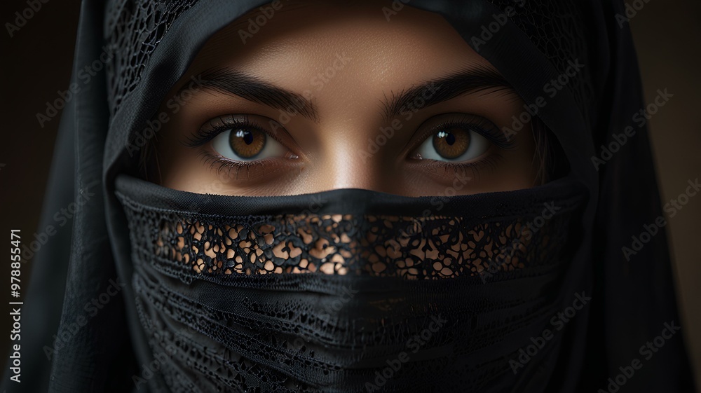 Most beautiful veiled woman with only eyes visible, full of mystery. Middle Eastern queen, princess, sorceress. Most beautiful veiled woman with only eyes visible, full of mystery. Middle Eastern queen, princess, sorceress.