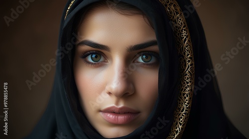 Most beautiful veiled woman with only eyes visible, full of mystery. Middle Eastern queen, princess, sorceress.