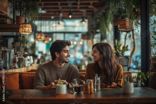 Indian Couple Enjoying a Conversation in a Cozy Café Setting generative ai
