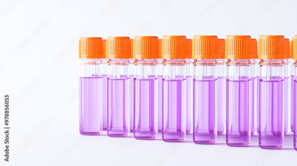 A series of transparent test tubes filled with vibrant purple liquid, featuring orange caps A series of transparent test tubes filled with vibrant purple liquid, featuring orange caps