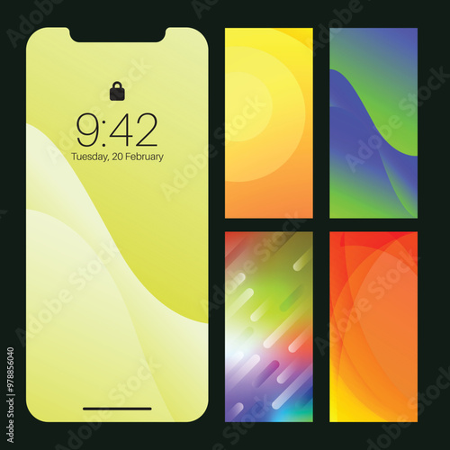 Smartphone screen lock display and abstract colorful wallpaper collection.