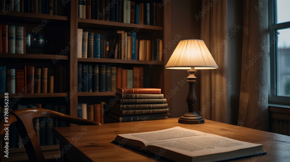 Home library workplace with wooden table, books and desk lamp near window background. Home library workplace with wooden table, books and desk lamp near window background.