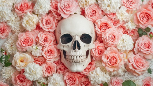 A striking contrast between a white skull and soft pink roses