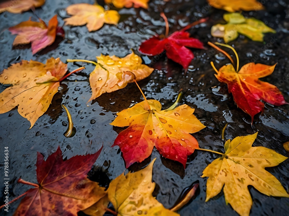 Close-up of vibrant autumn leaves scattered on wet pavement after rainfall with water droplets
Close-up of vibrant autumn leaves scattered on wet pavement after rainfall with water droplets