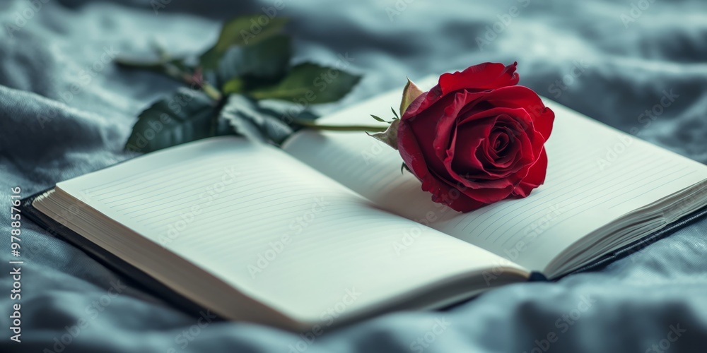 Romantic Still Life: Open Journal with Red Rose on Soft Blue Fabric Romantic Still Life: Open Journal with Red Rose on Soft Blue Fabric