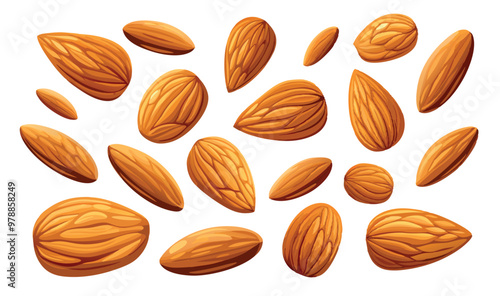 Many almond nuts falling through the air