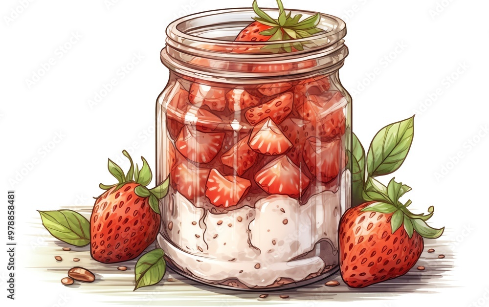 A colorful jar filled with fresh strawberries and creamy dessert, surrounded by vibrant green leaves on a rustic background. A colorful jar filled with fresh strawberries and creamy dessert, surrounded by vibrant green leaves on a rustic background.