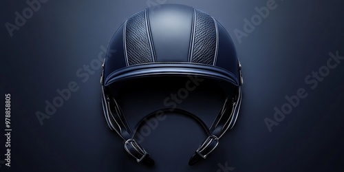 Stylish Dark Blue Equestrian Riding Helmet with Straps and Buckles in Minimalist Setting photo