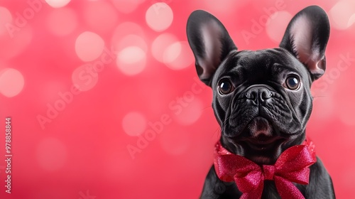 Wallpaper Mural Cheerful French Bulldog Puppy Celebrating Christmas Holidays Wearing Ribbon on Pink Background Torontodigital.ca