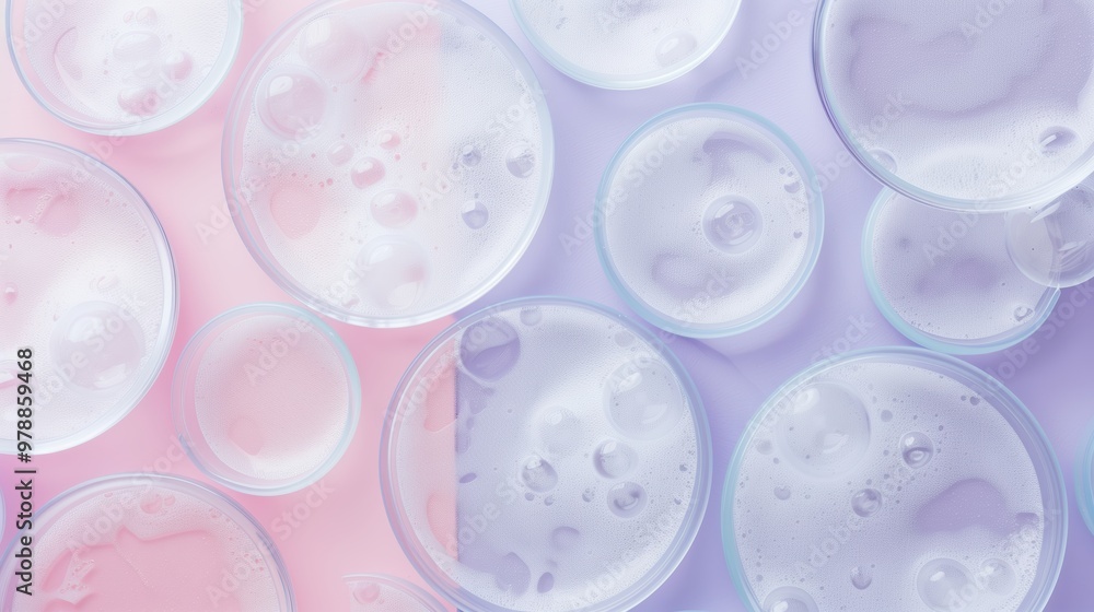 Abstract Composition of Petri Dishes with Pastel Colors and Bubbles in Laboratory Setting Abstract Composition of Petri Dishes with Pastel Colors and Bubbles in Laboratory Setting
