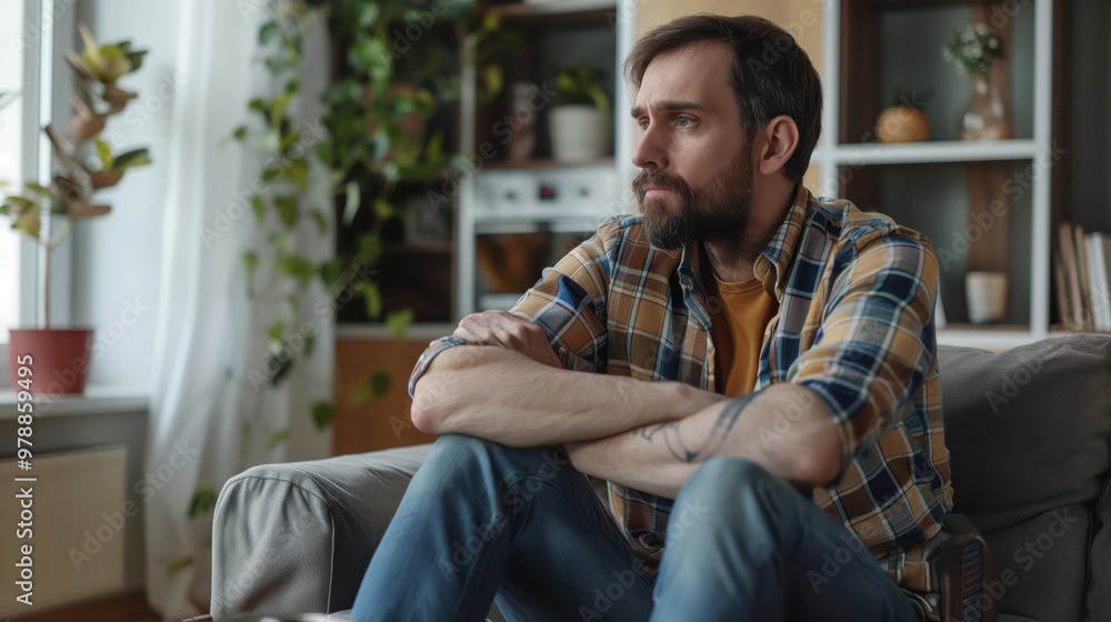 Man Sitting on Sofa in Thoughtful Mood in Cozy Living Room Setting Man Sitting on Sofa in Thoughtful Mood in Cozy Living Room Setting