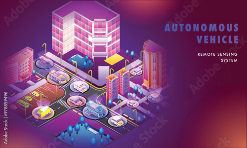 Futuristic design for Autonomous Vehicle Remote Sensing System concept, web template with isometric illustration of smart vehicles on urban landscape.