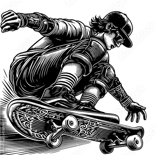Skater performing trick in monochrome illustration style. Vector, generative ai.
