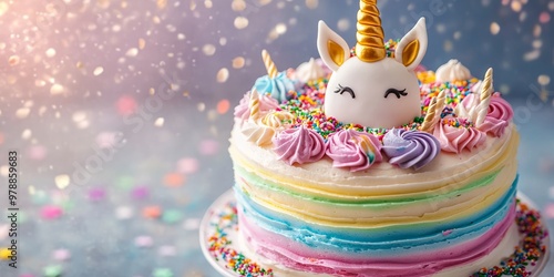 Whimsical Unicorn Birthday Cake with Rainbow Layers and Sprinkles photo