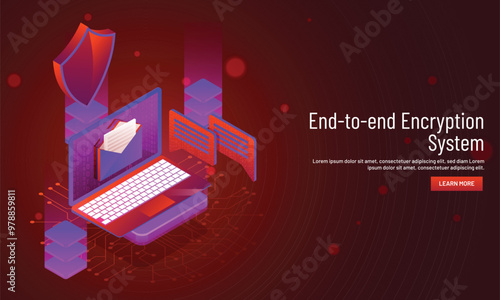 End to end Encryption system concept, isometric illustration of laptop with security shield and servers, responsive web template design.