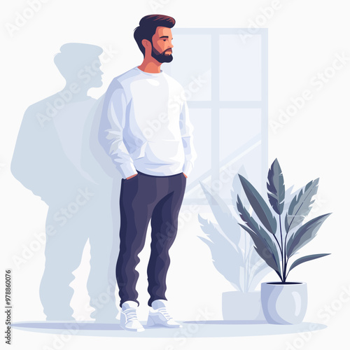 Hipster man in casual clothes standing at home. Vector illustration