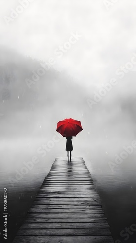 A girl with an umbrella stands on the end of a pier, holding her red umbrella in front of a foggy lake